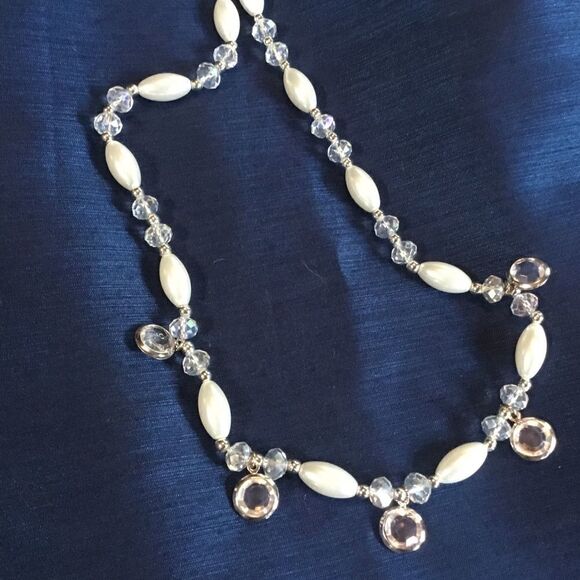 Silvertone Crystal and White Faux Pearl Necklace - Picture 2 of 3